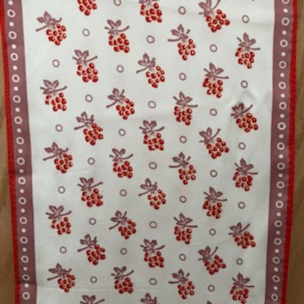 3/$15 Vintage Cherry Red Fruit on White Oblong Scarf w/Polka Dots